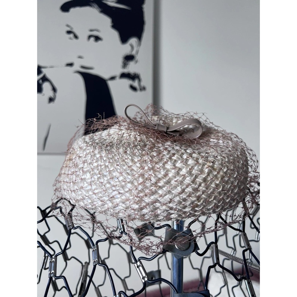 Vintage Woven‎ Straw Pillbox Hat with Brown Birdcage Veiling and Bow Cream